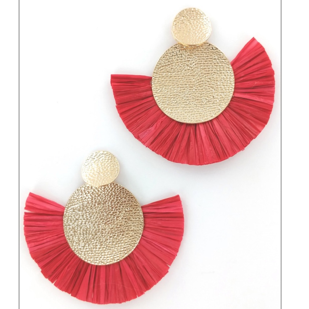 Brand New Red & Gold Raffia Statement Earrings - Picture 3 of 3